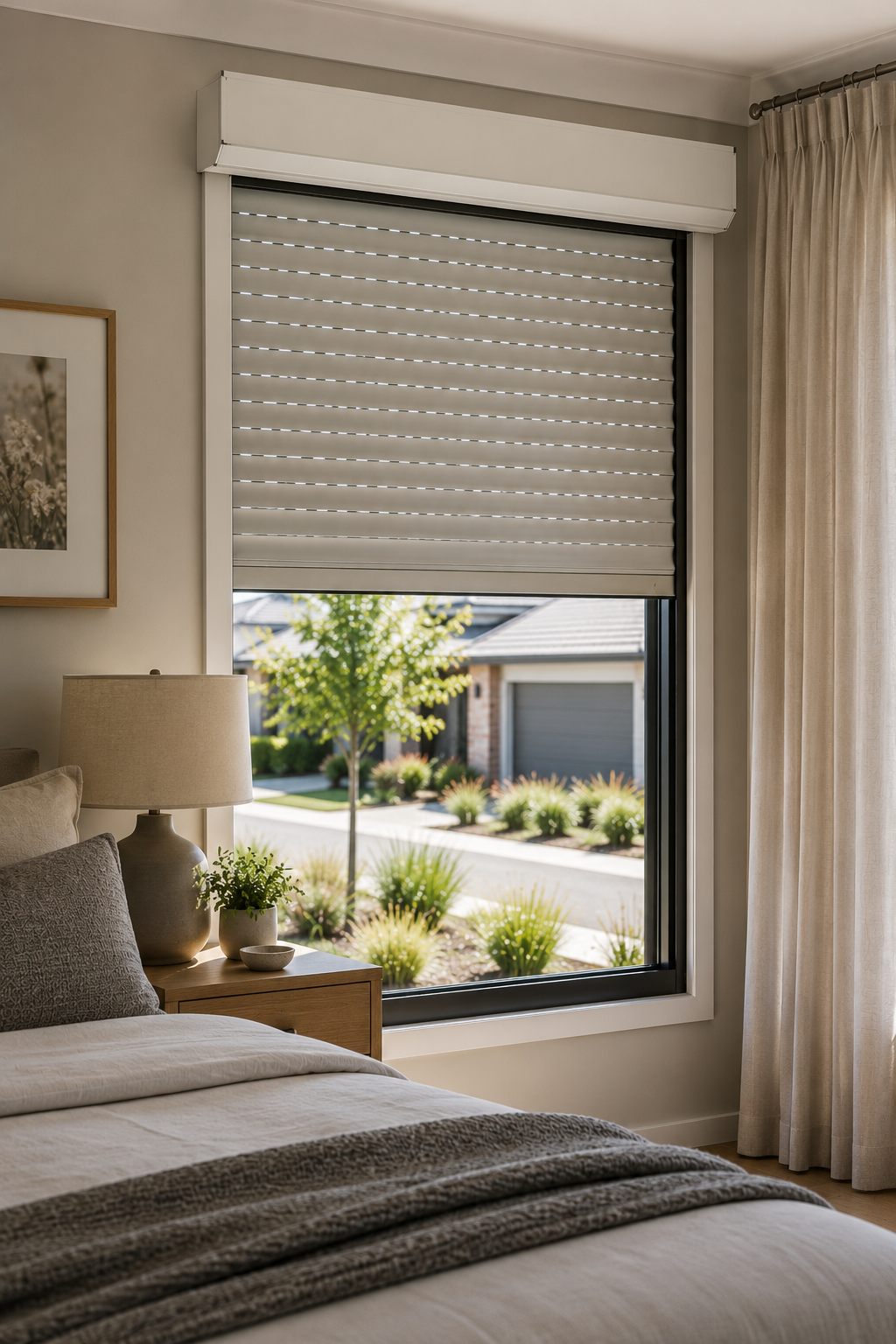 Perth residential window showing roller shutter and curtain comparison considerations.