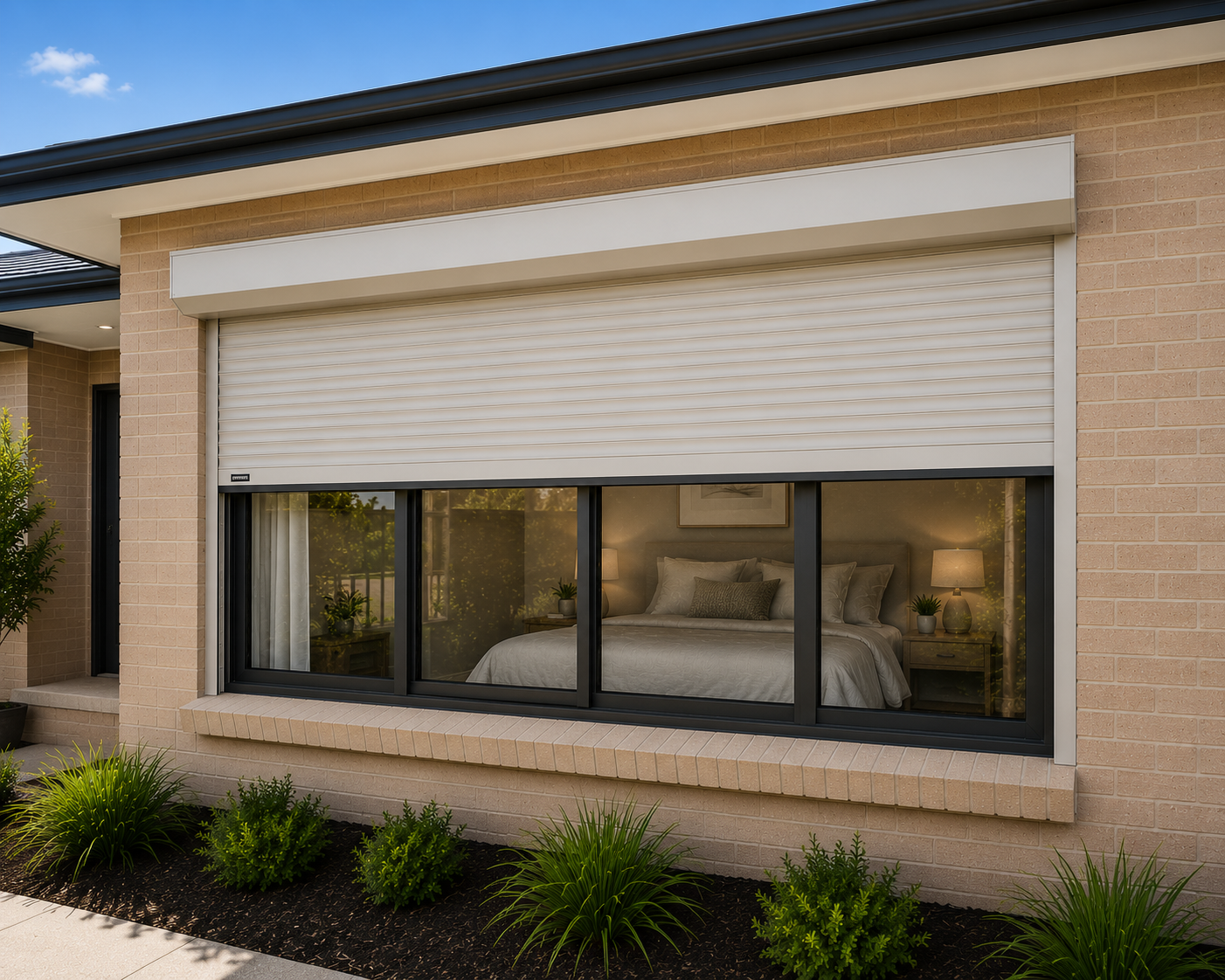 Motorised Widespan Roller Shutter installed on a large sliding door.