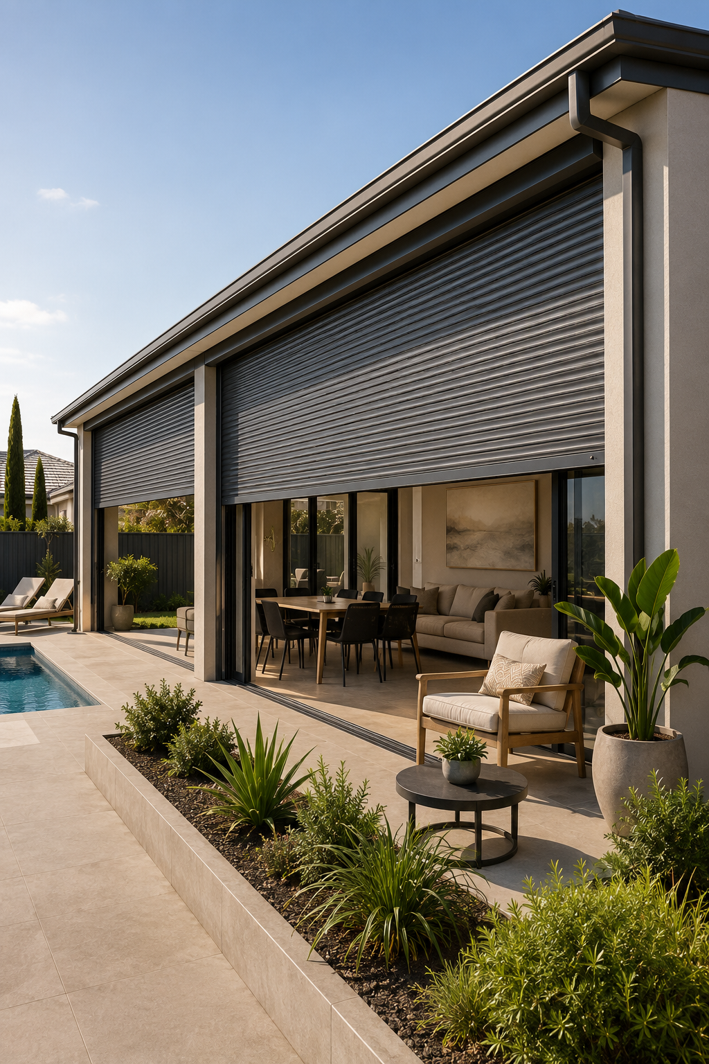 SupaSpan roller shutter installed over a wide residential sliding door.