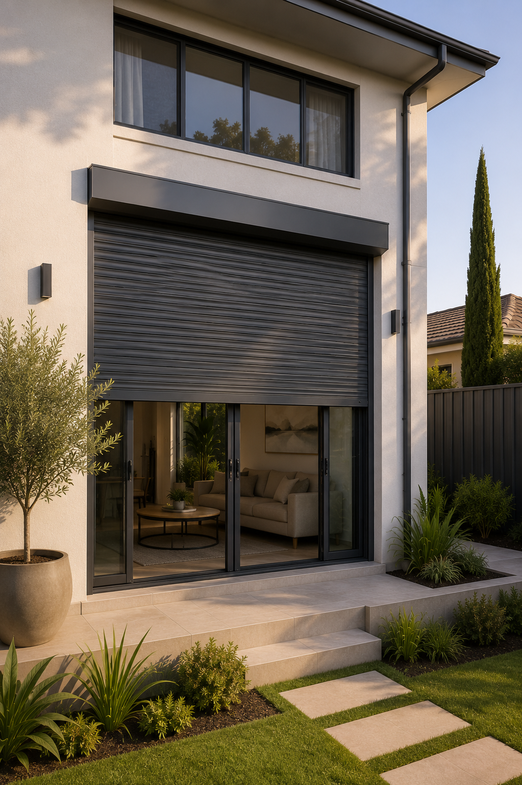 Extra-wide living area window protected by a SupaSpan roller shutter.