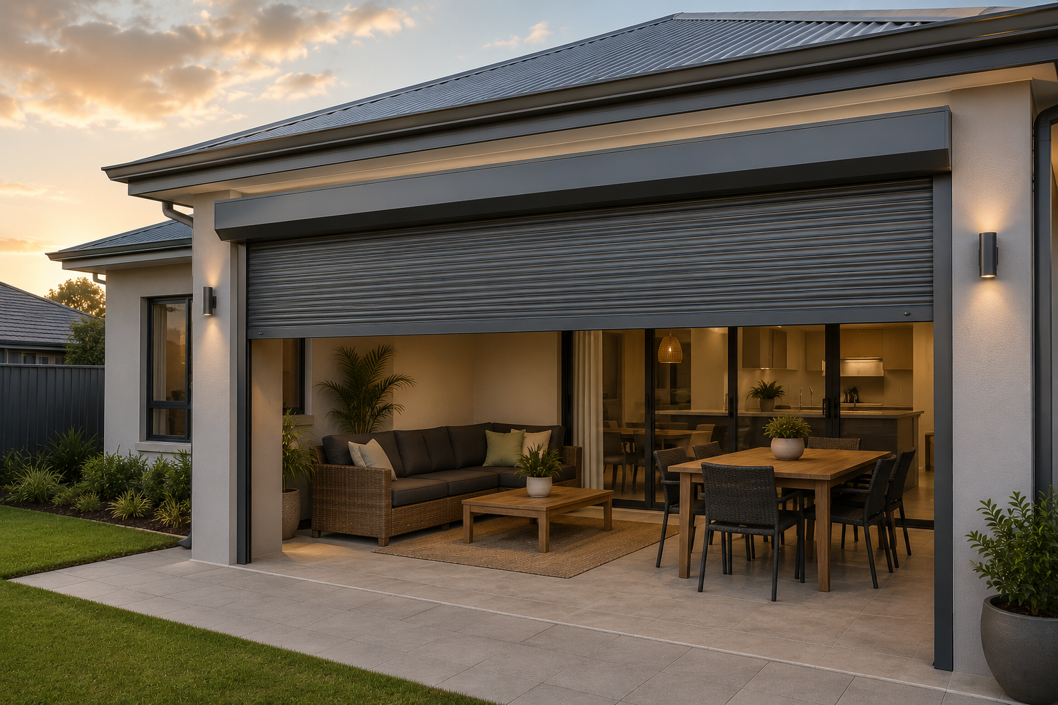 Perth home featuring StormShield roller shutters beside an outdoor living area.