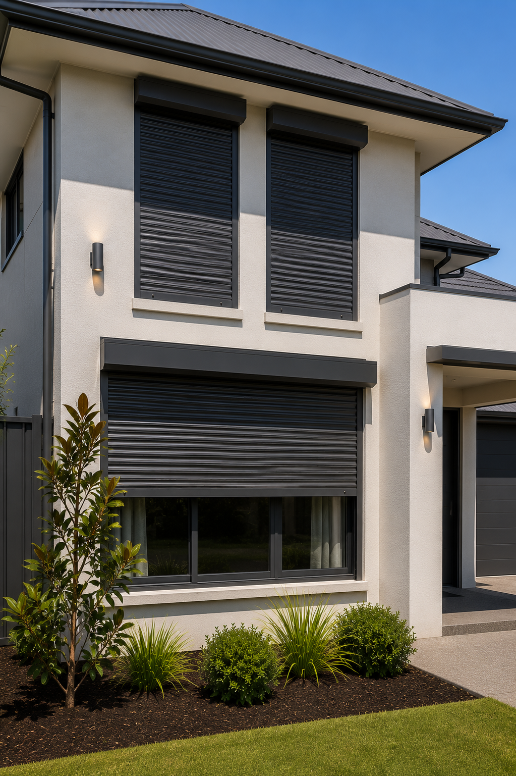 Modern Perth home fitted with multiple StormShield roller shutters.