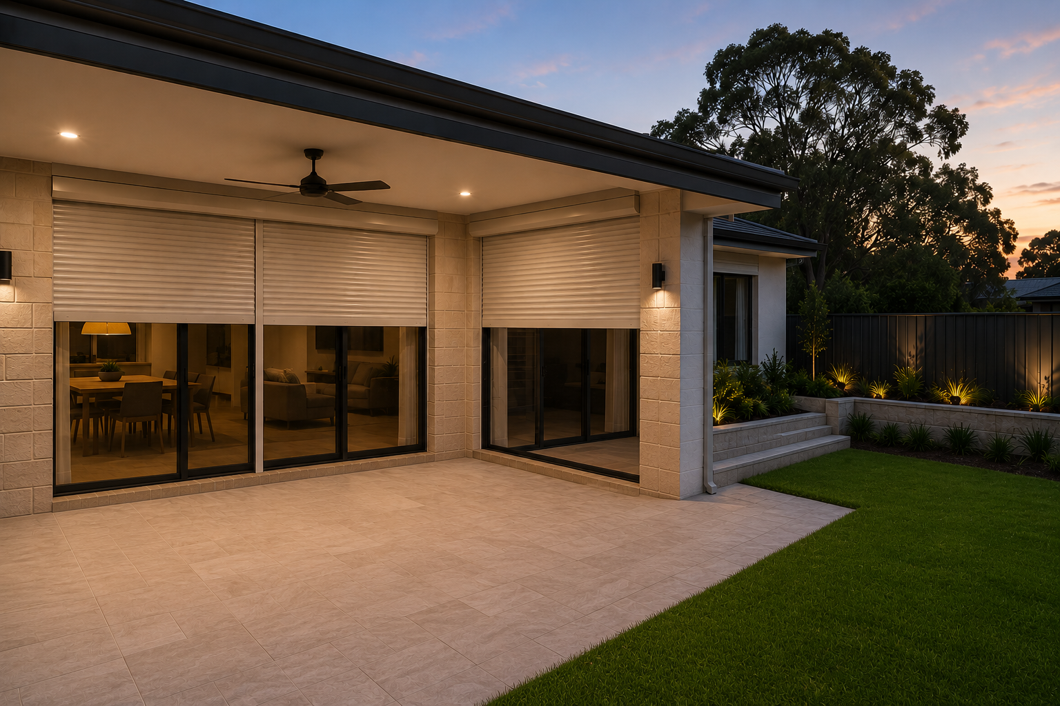 Outdoor living area of a Perth home protected by FireShield Roller Shutters.