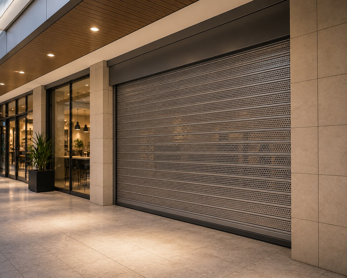 Vision Roller Shutters protecting a modern Perth commercial shopfront while maintaining visibility through the perforated aluminium curtain.