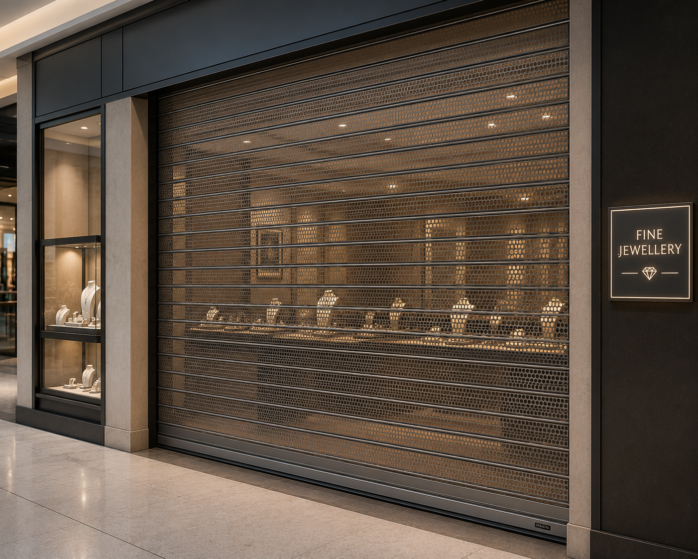 Retail shopfront protected by Vision Roller Shutters with interior displays visible through the perforated curtain.