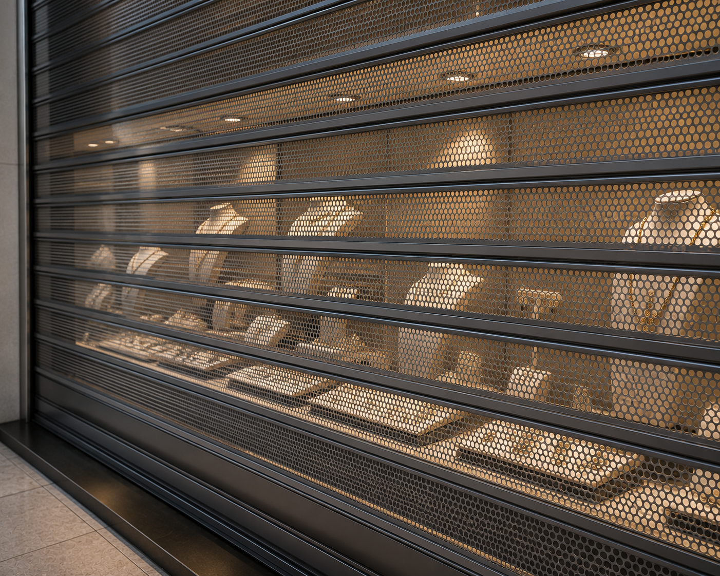 Restaurant frontage secured by Vision Roller Shutters allowing visibility and natural ventilation after closing.