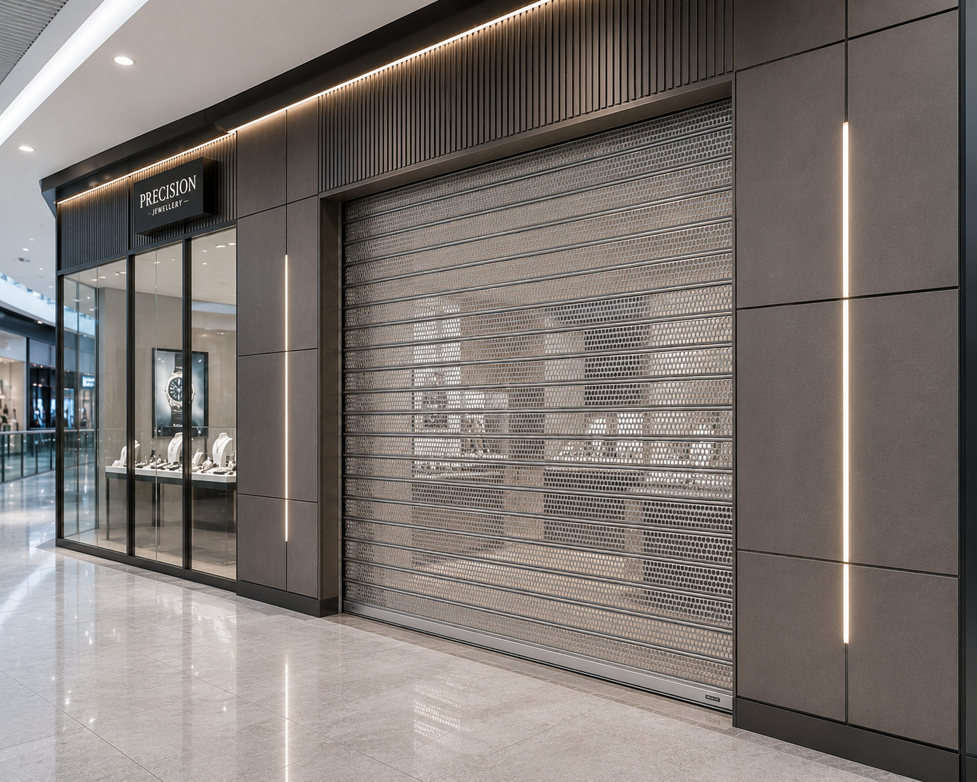 Commercial showroom protected by Vision Roller Shutters while maintaining visibility into the premises.