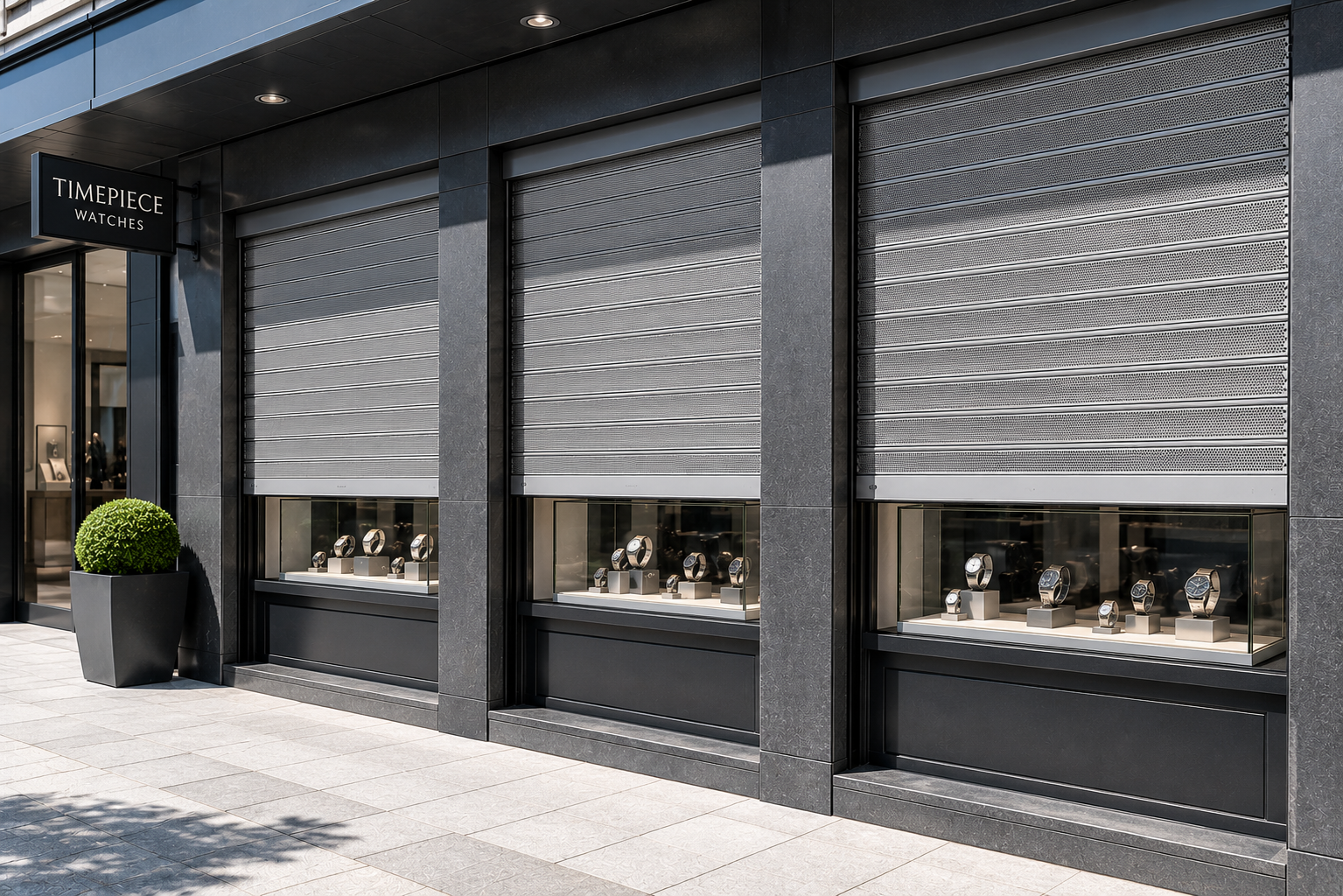 Modern Perth shopping centre with Vision Roller Shutters securing multiple commercial tenancies.