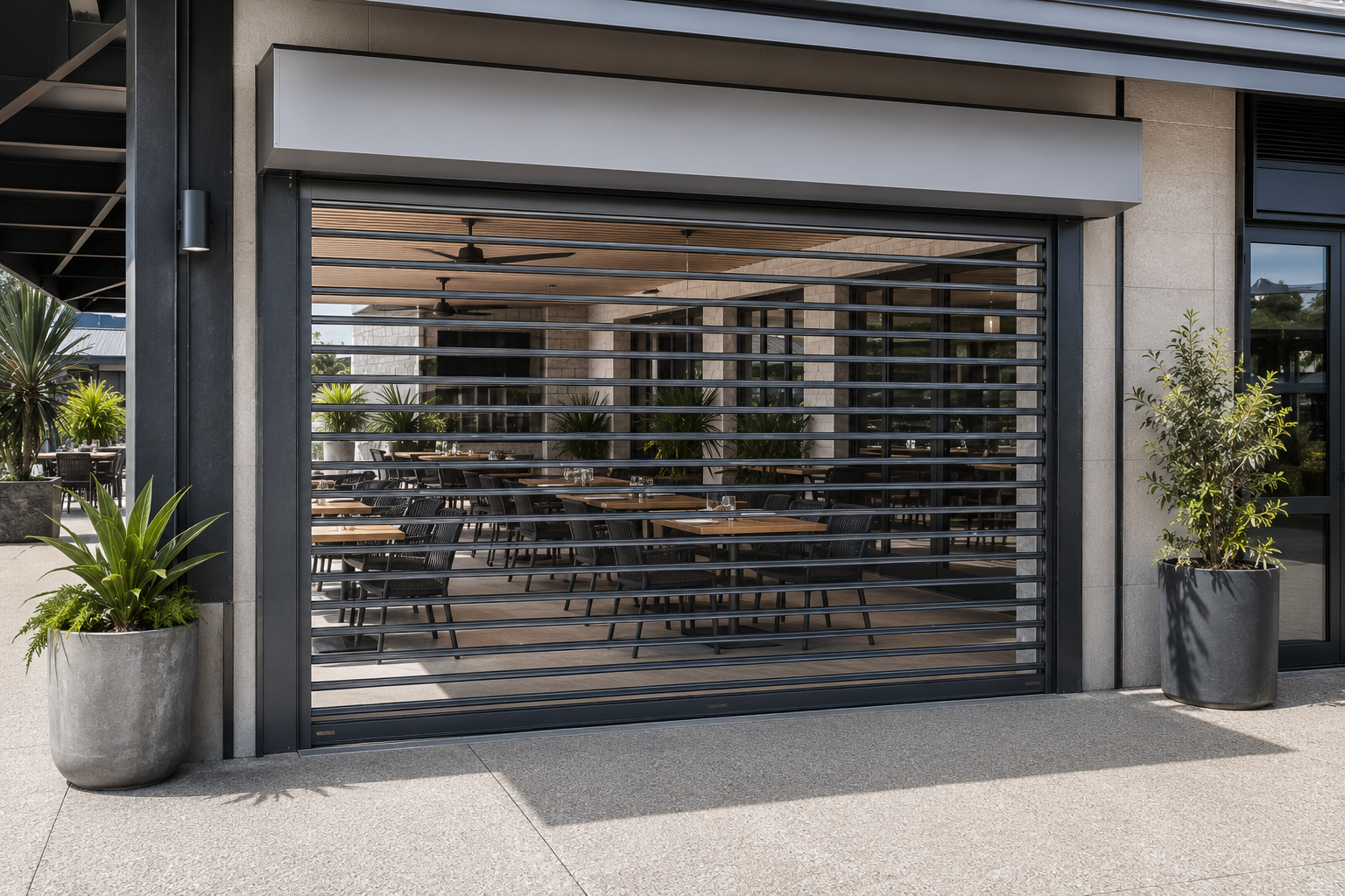 ClearView Roller Shutters installed on a modern Perth commercial shopfront, showing the transparent polycarbonate profile maintaining visibility.