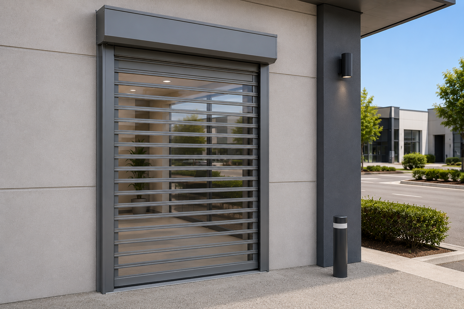 Retail shopfront protected by ClearView Roller Shutters with merchandise still visible through the transparent polycarbonate curtain.
