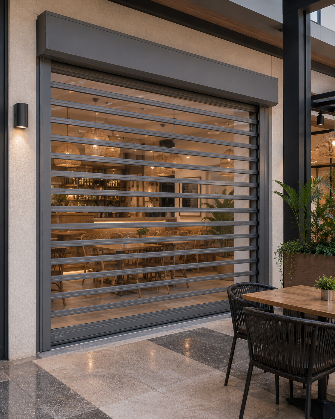 Café or restaurant outdoor area enclosed by ClearView Roller Shutters while maintaining visibility for patrons and passers-by.