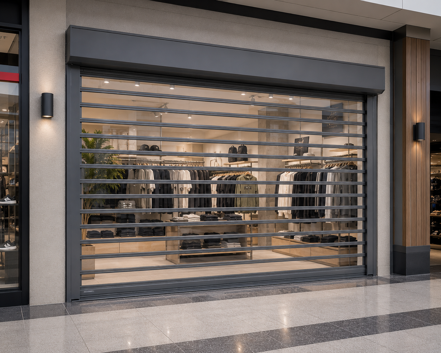 Shopping centre tenancy secured by ClearView Roller Shutters while maintaining clear visibility into the store.