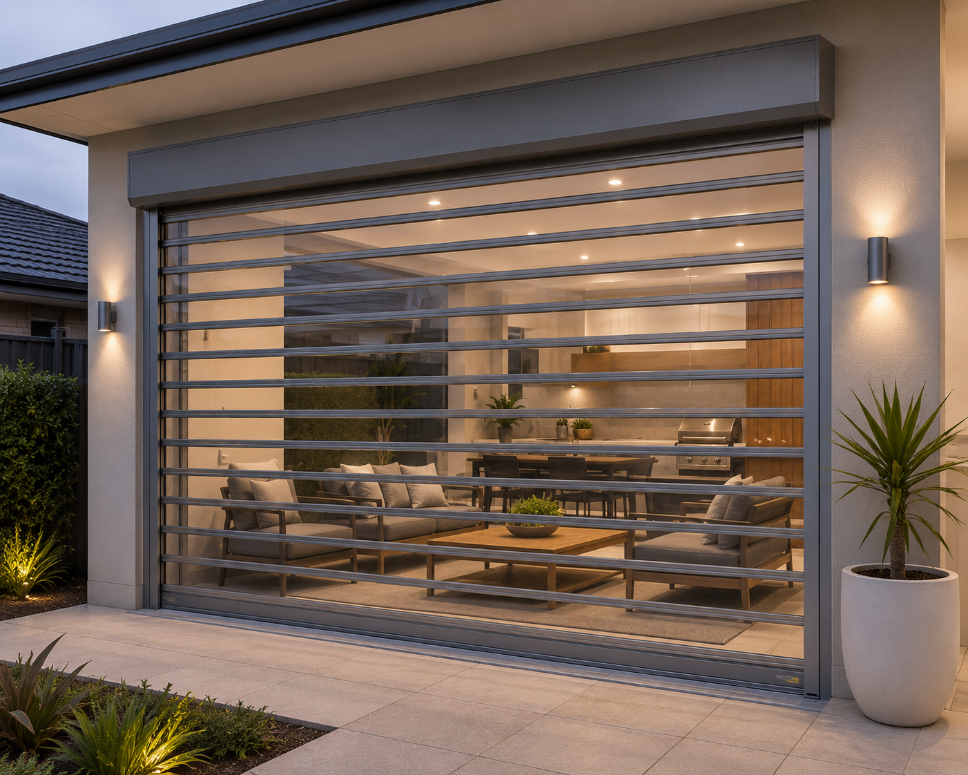 Modern Perth commercial alfresco area enclosed by ClearView Roller Shutters, demonstrating transparency and weather protection.