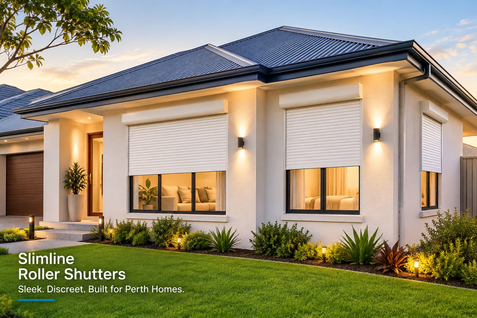 Slimline roller shutters installed on the windows of a modern Perth home, demonstrating a compact, low-profile design suitable for everyday residential use.