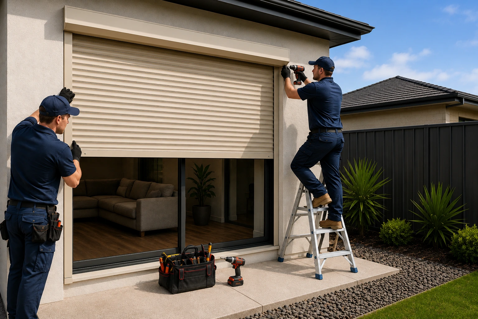 PRSB technician installing a Slimline roller shutter on an Australian home