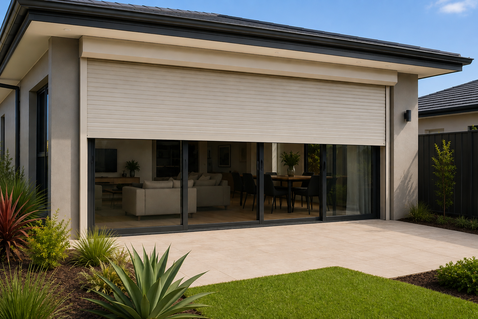 Residential roller shutters installed over a large sliding door at a Perth home.