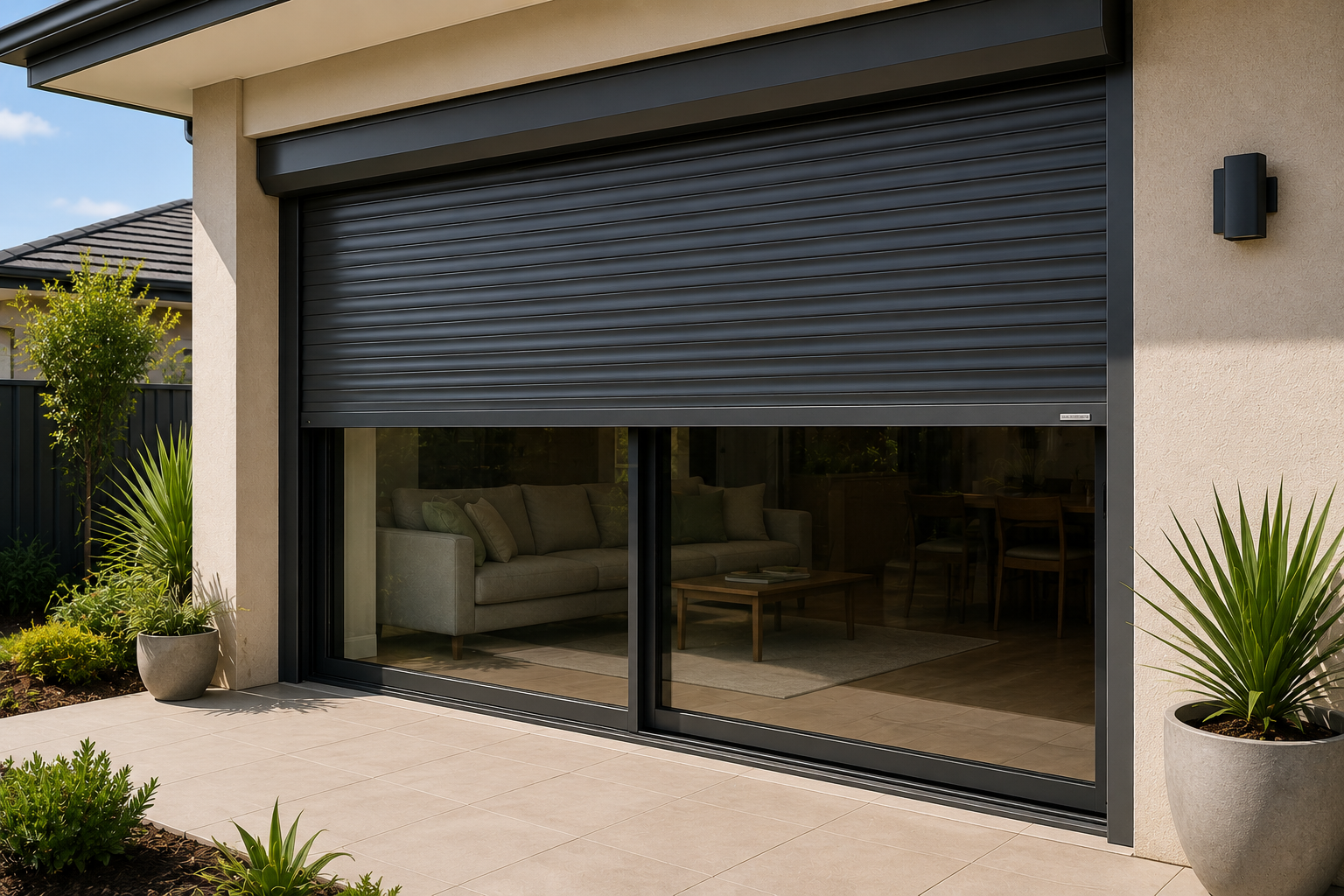 Roller shutter protecting a large residential sliding glass door in Perth.