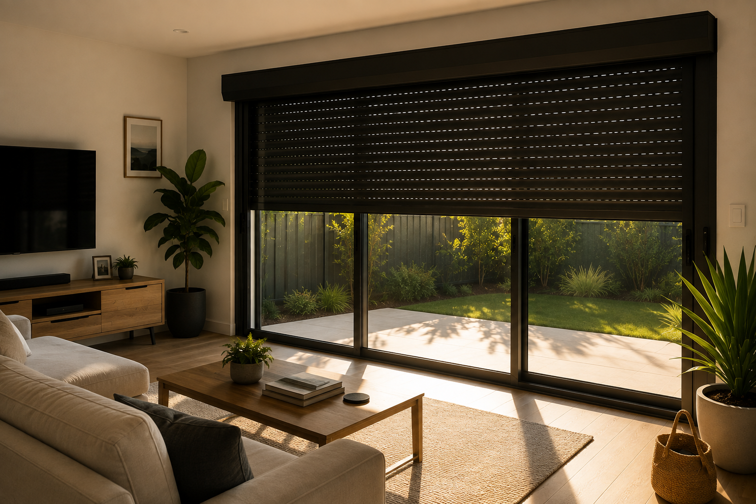 External roller shutters reducing afternoon sun entering a Perth living area.
