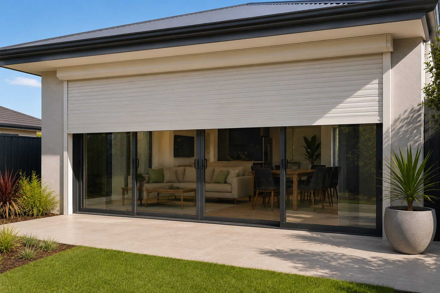 Professionally installed roller shutter spanning a wide residential sliding door.