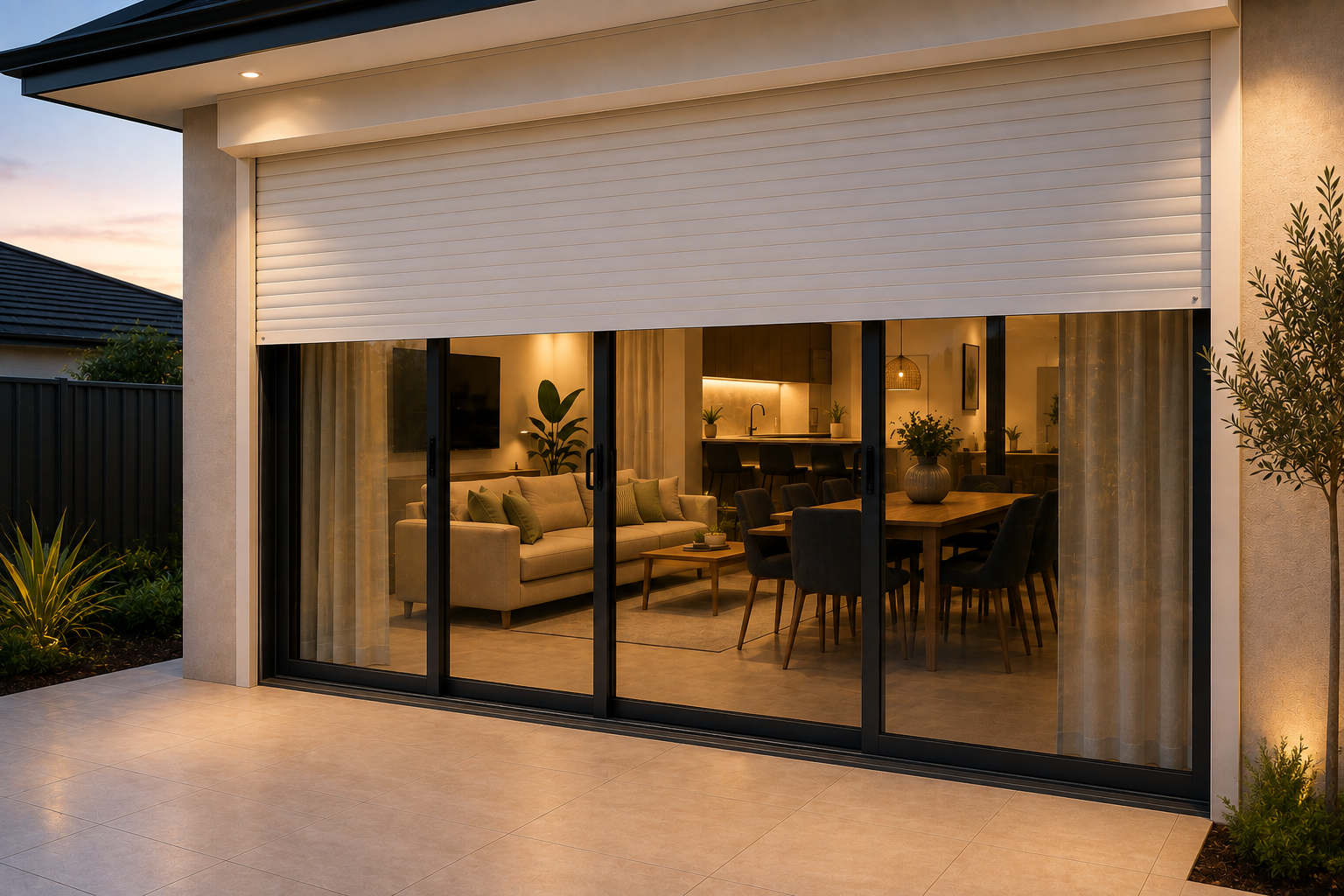 Modern Perth home featuring roller shutters protecting large sliding doors and outdoor living areas.